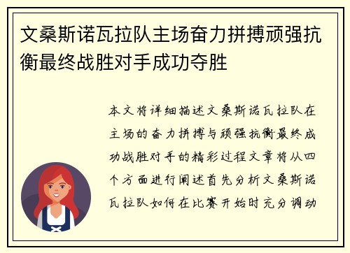 文桑斯诺瓦拉队主场奋力拼搏顽强抗衡最终战胜对手成功夺胜