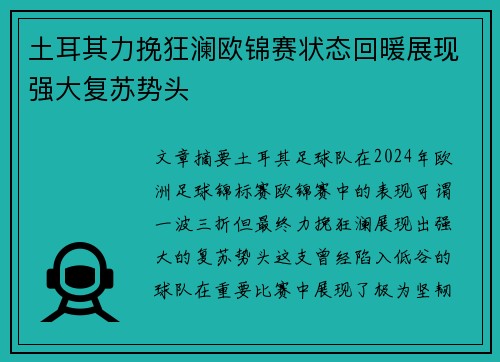 土耳其力挽狂澜欧锦赛状态回暖展现强大复苏势头