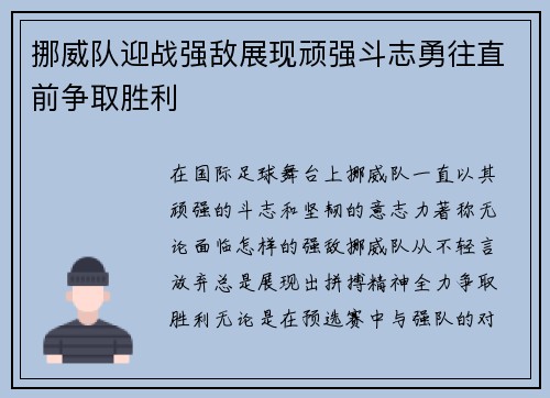 挪威队迎战强敌展现顽强斗志勇往直前争取胜利