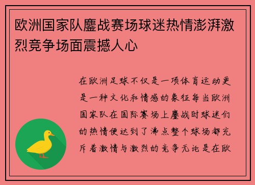 欧洲国家队鏖战赛场球迷热情澎湃激烈竞争场面震撼人心