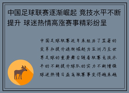 中国足球联赛逐渐崛起 竞技水平不断提升 球迷热情高涨赛事精彩纷呈