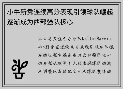小牛新秀连续高分表现引领球队崛起逐渐成为西部强队核心