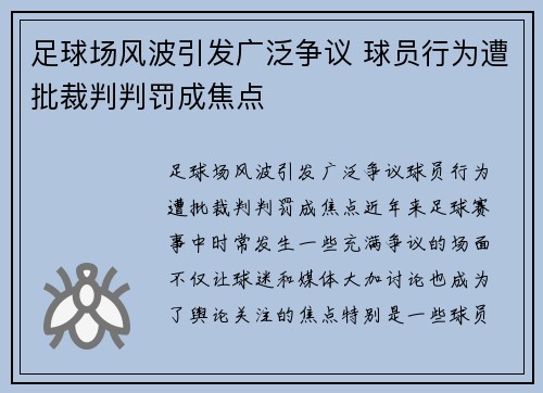 足球场风波引发广泛争议 球员行为遭批裁判判罚成焦点