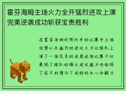霍芬海姆主场火力全开猛烈进攻上演完美逆袭成功斩获宝贵胜利