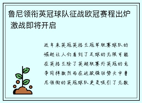鲁尼领衔英冠球队征战欧冠赛程出炉 激战即将开启