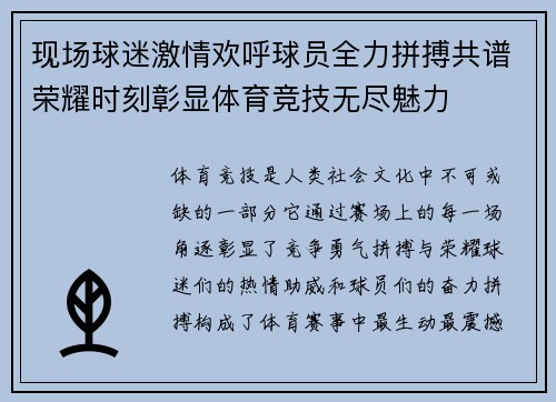 现场球迷激情欢呼球员全力拼搏共谱荣耀时刻彰显体育竞技无尽魅力